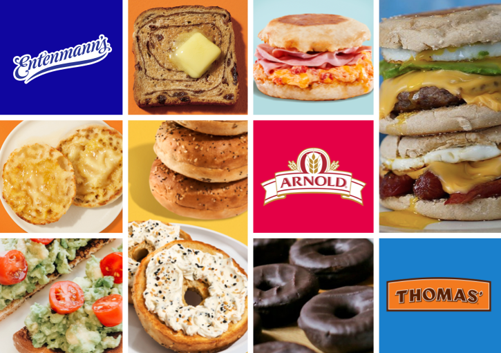 Mosaic of Bimbo Bakeries USA brand logos and products including Entenmann's, Arnold Bread, and Thomas'
