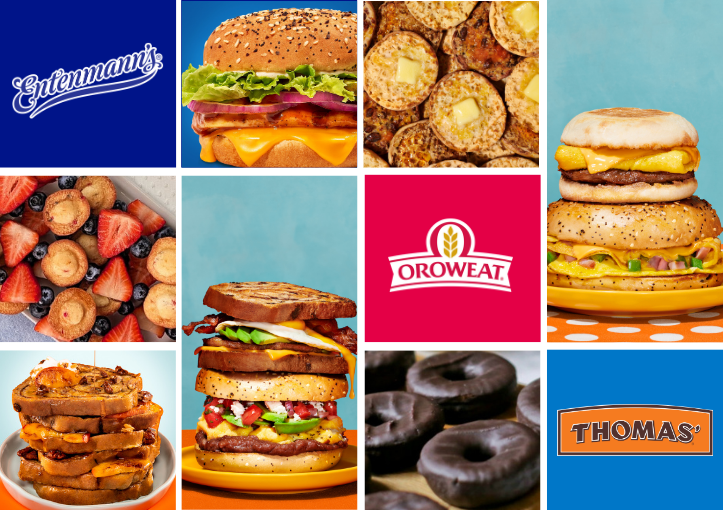 Mosaic of Bimbo Bakeries USA brand logos and products including Entenmann's, Oroweat, and Thomas'